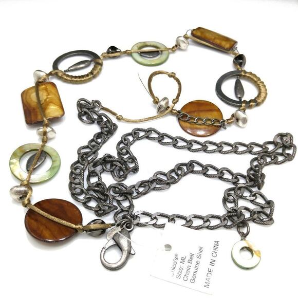 Chico’s Shell Chain Belt NWT 56" Brown Green Metal Loops Versatile Necklace - Picture 3 of 3